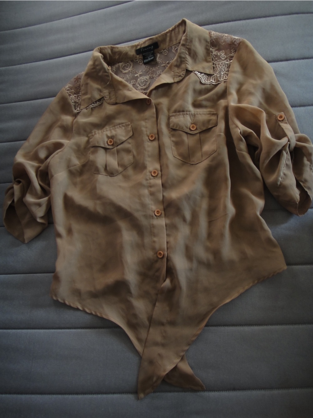 Timing Brown Button-Front Women's Blouse with Lace Yoke